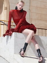 Red Color Women Long Sleeve Sexy Mesh See Through Florals Ball Gown Mini Dress Nightclub Party Celebrate Performance Stage Wear